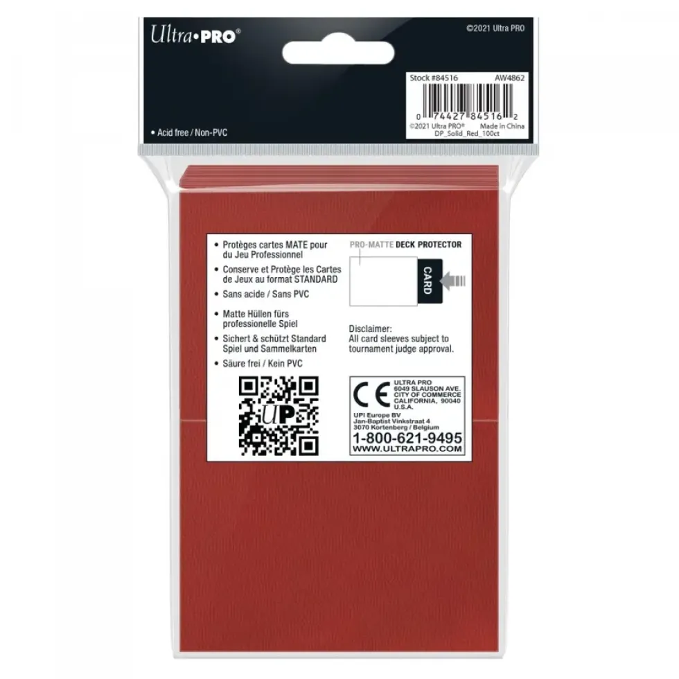 Ultra Pro: PRO-Matte 100ct Standard Deck Protector sleeves: Red (66 x 91 mm)