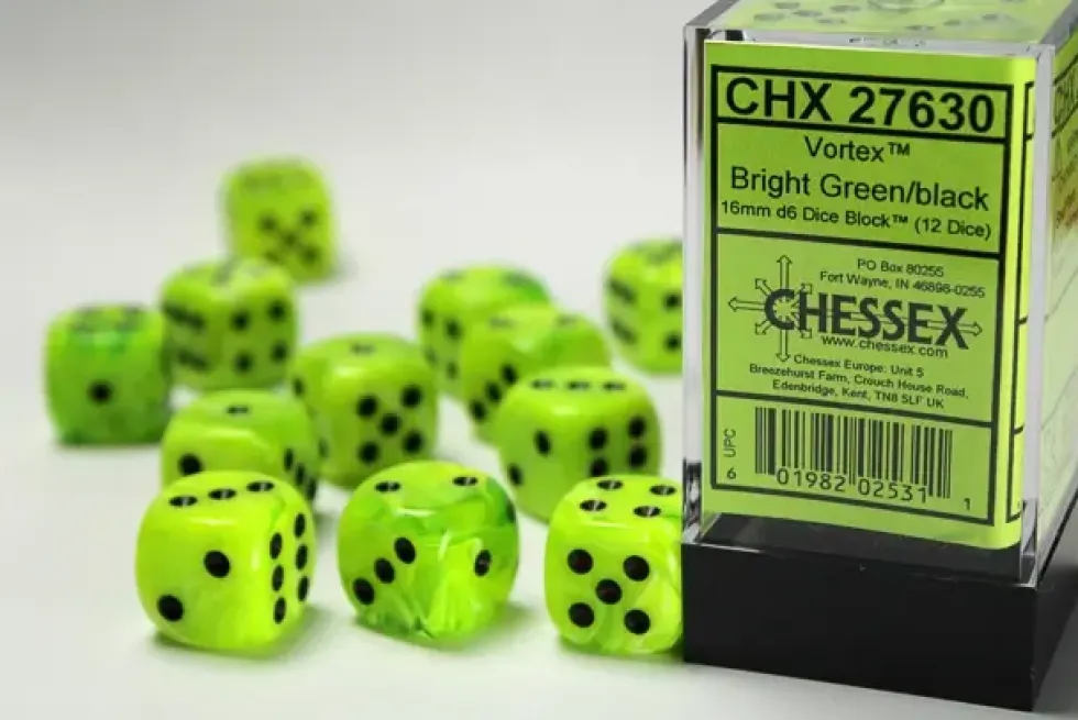 Vortex: Bright Green/Black - d6, 12st (16mm, prickar)