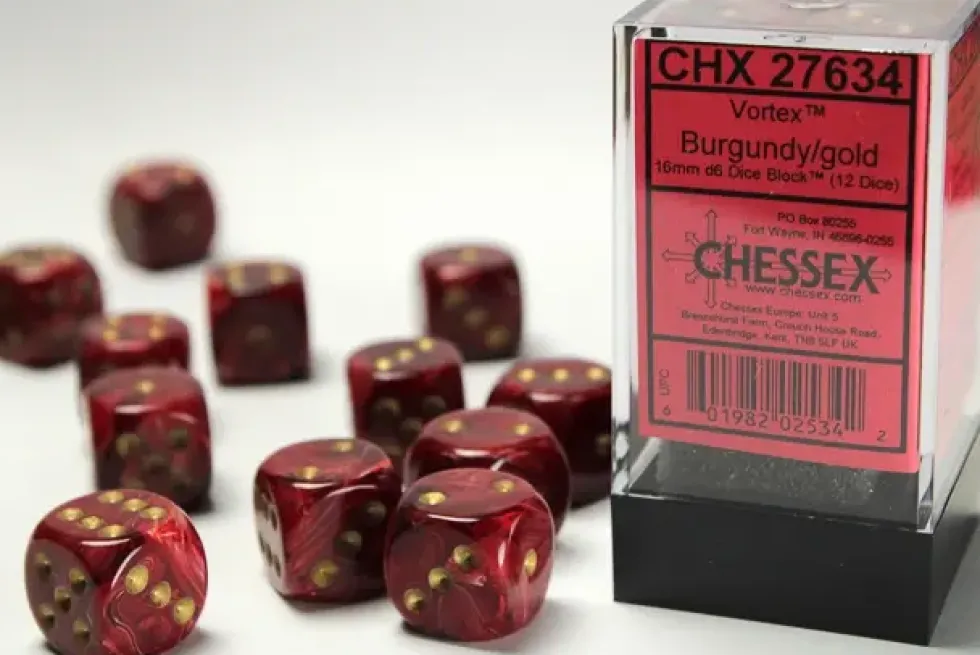 Vortex - Burgundy/Gold - d6, 12 st (16 mm, prickar)